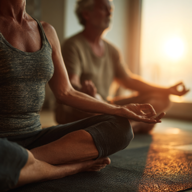 Persona mayor practicando yoga en un ambiente sereno